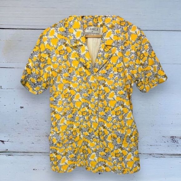 Lihli by Saks Fifth Avenue Vintage Yellow Black Short Sleeve Blazer SP - Picture 2 of 10